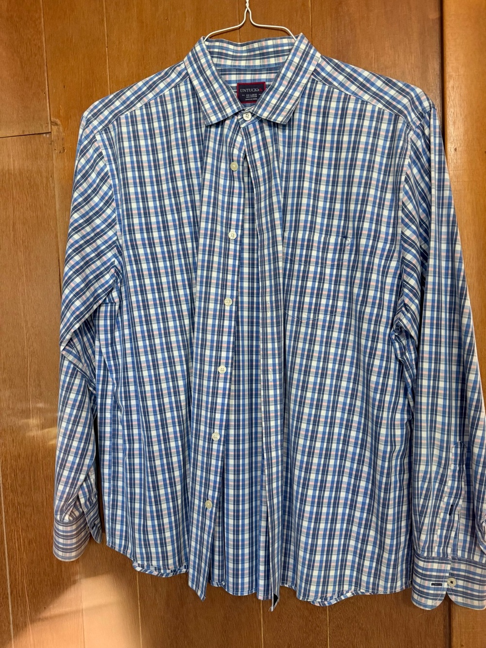 UNTUCKit Men’s Blue and White Plaid Long-Sleeve Button Shirt